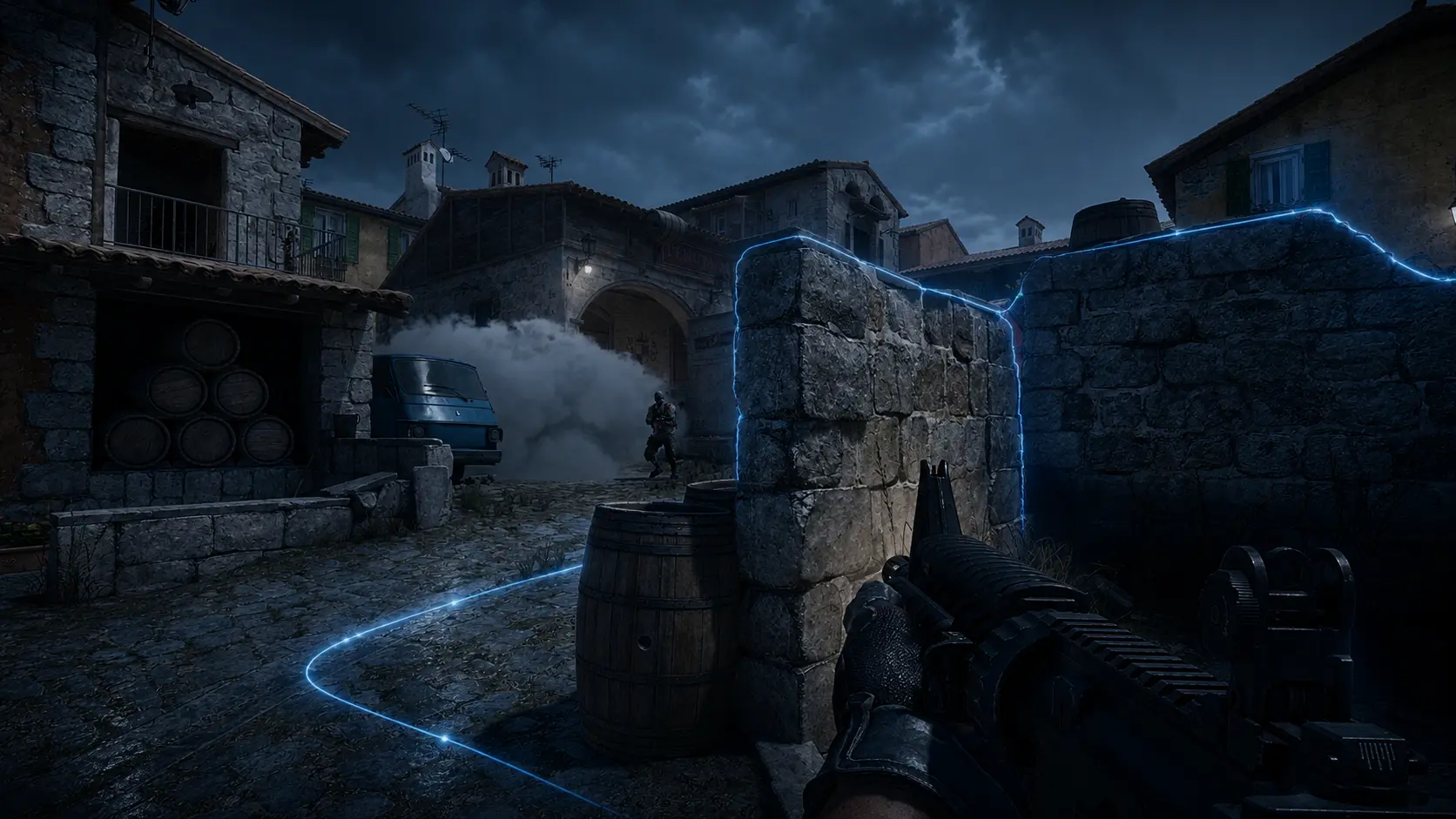 First-person view of a competitive Counter-Strike match with a visible tactical path
