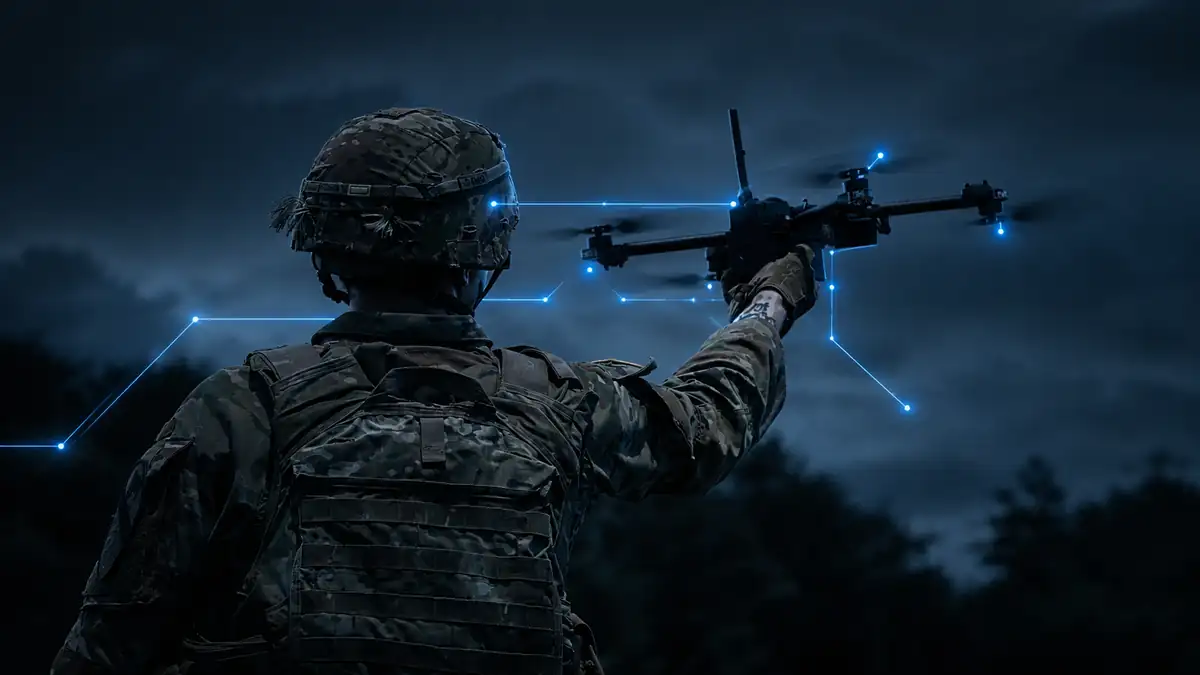 Soldier operating a drone during a military training exercise